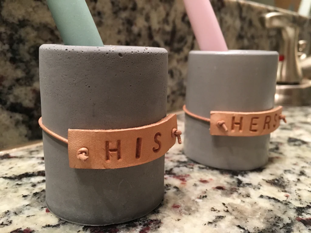 his and her toothbrush personalized holders for southern gifts made from concrete and leather