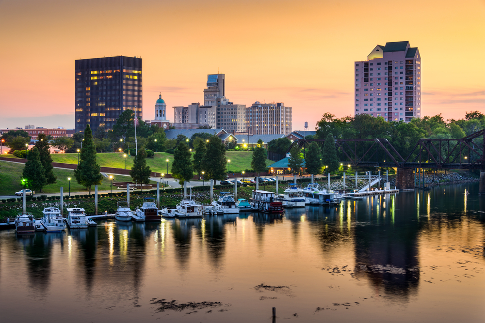 Beautiful view of downtown augusta at sunset with the water view and downtown in the background