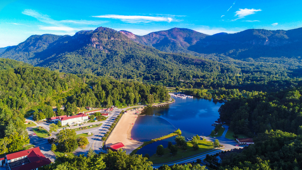 photo from above lake, beach, mountains, and surrounding areas