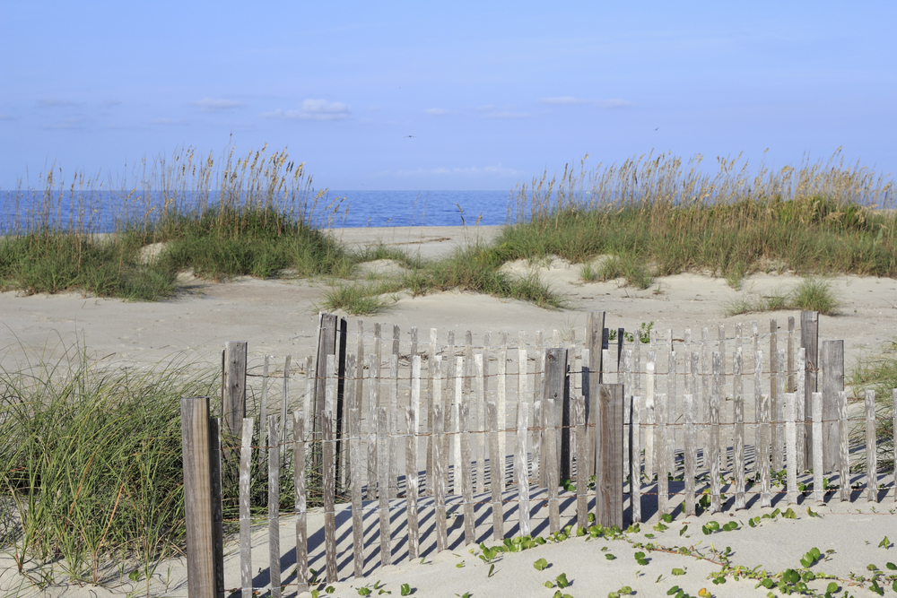 Sand dunes and grassy knolls at Caswell beach in North Carolina.