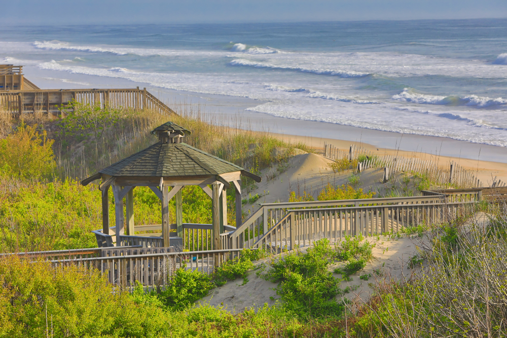 Walking piers and gazebos along the shore of some of the beaches in North Carolina.