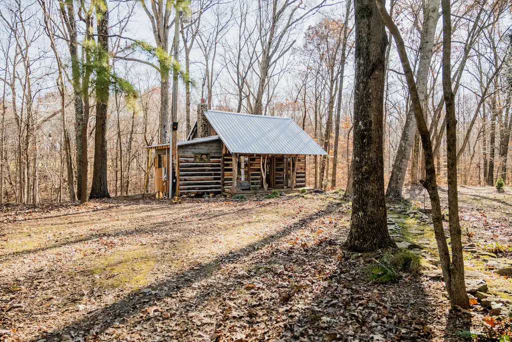 A log cabin isolated in the woods in an article about  cabins in Tennessee