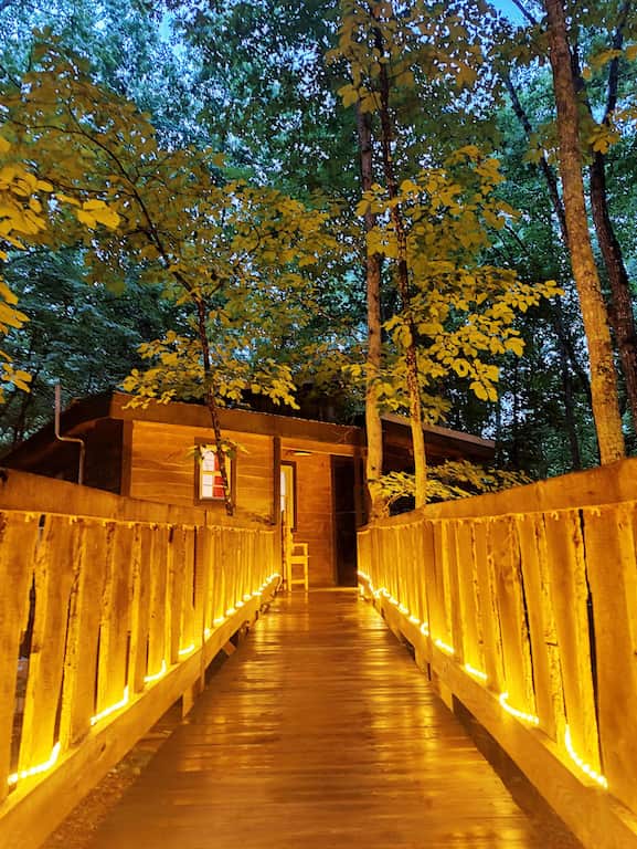 Wooden walkway to cabin treehouse at night lit by lights. 