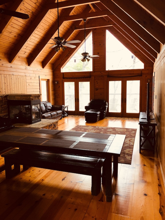 interior of a-frame cabin with furniture in living space