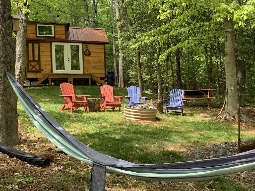 hammock in foreground with cabin in background