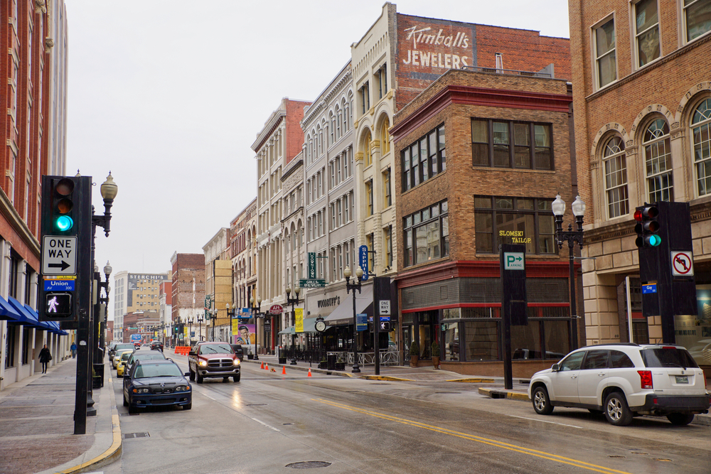 A view of South Gay Street with historic brick buildings. Its one of the best things to do in Knoxville. 