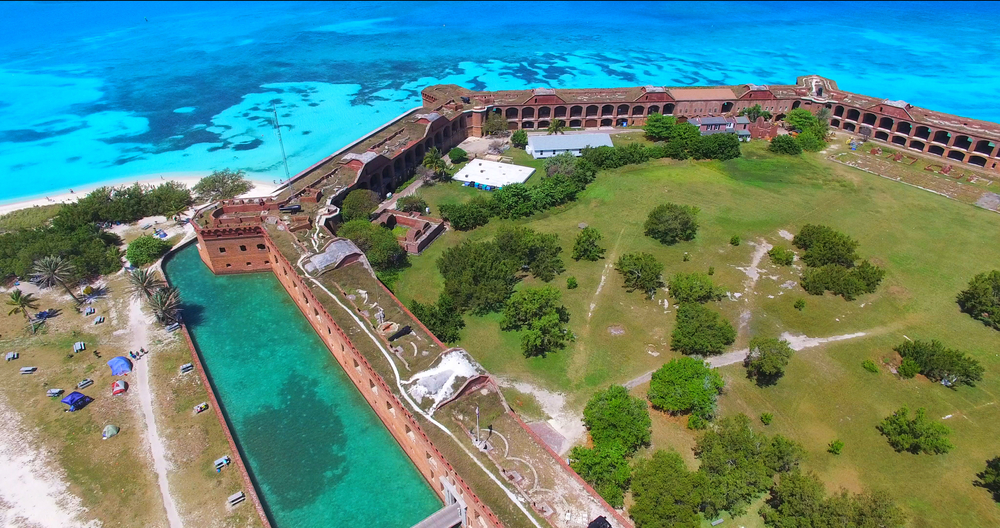 The beuatiful Dry Tortugas National Park Island and Fort Jefferson from the air. In an article about historic sites in the south 