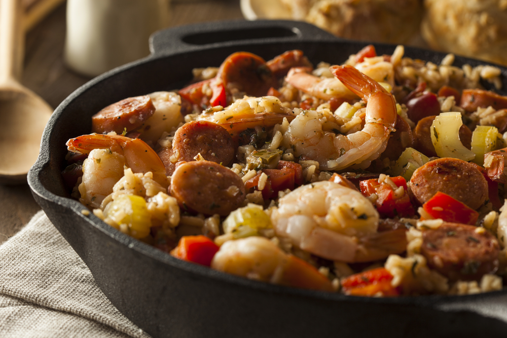 A pan of Jambalaya with shrimp rice sausage and peppers. 