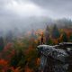 A woman standing on the edge of a rock formation holding a lantern. Behind her there are trees changing to orange, yellow, and red and dense fog. Its one of the best day trips from Asheville.