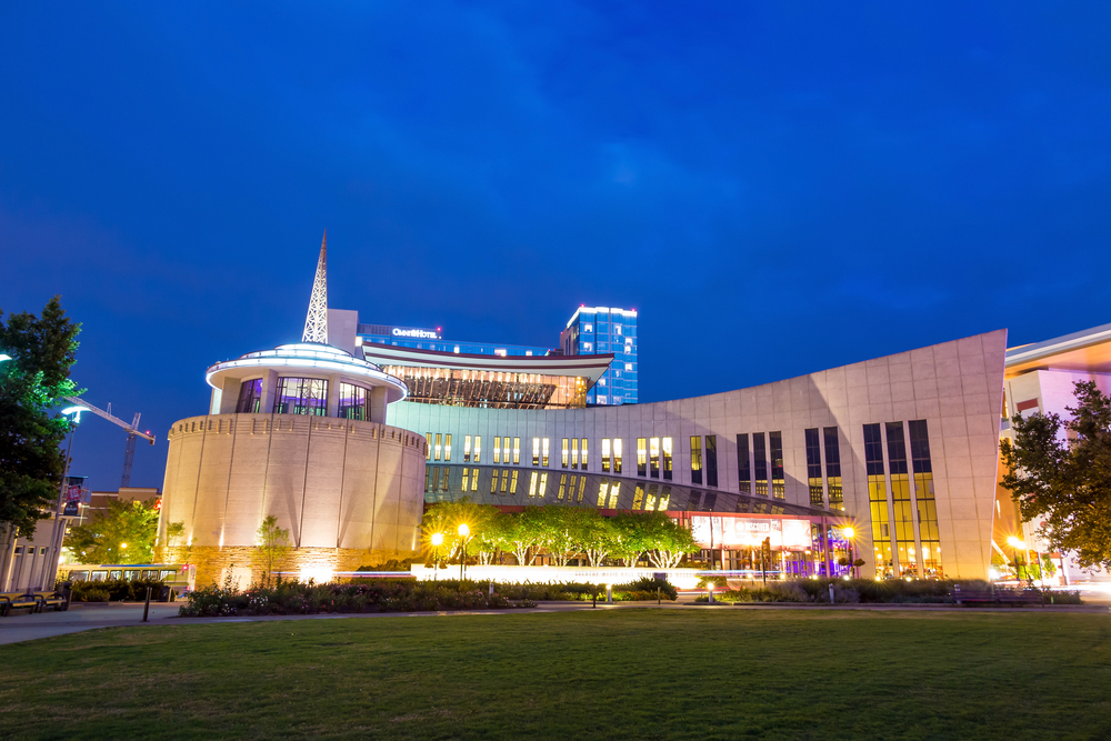 museum with lights on at dusk