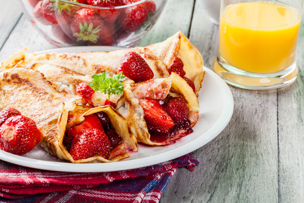 Strawberries rolled up in pancakes, like those served at Reagan's Pancake House for breakfast in Pigeon Forge, TN.