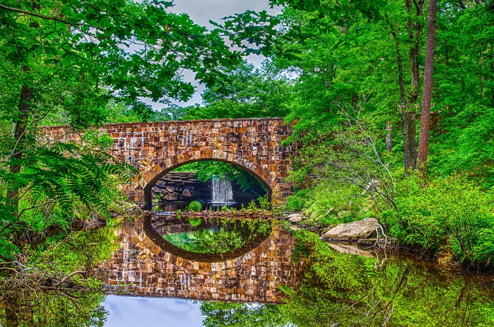 A bridge over a reflective river with greenery. 