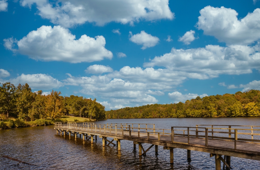 A pier over the lake at Lake Lowndes State Park, surrounded by thick forest on a sunny day