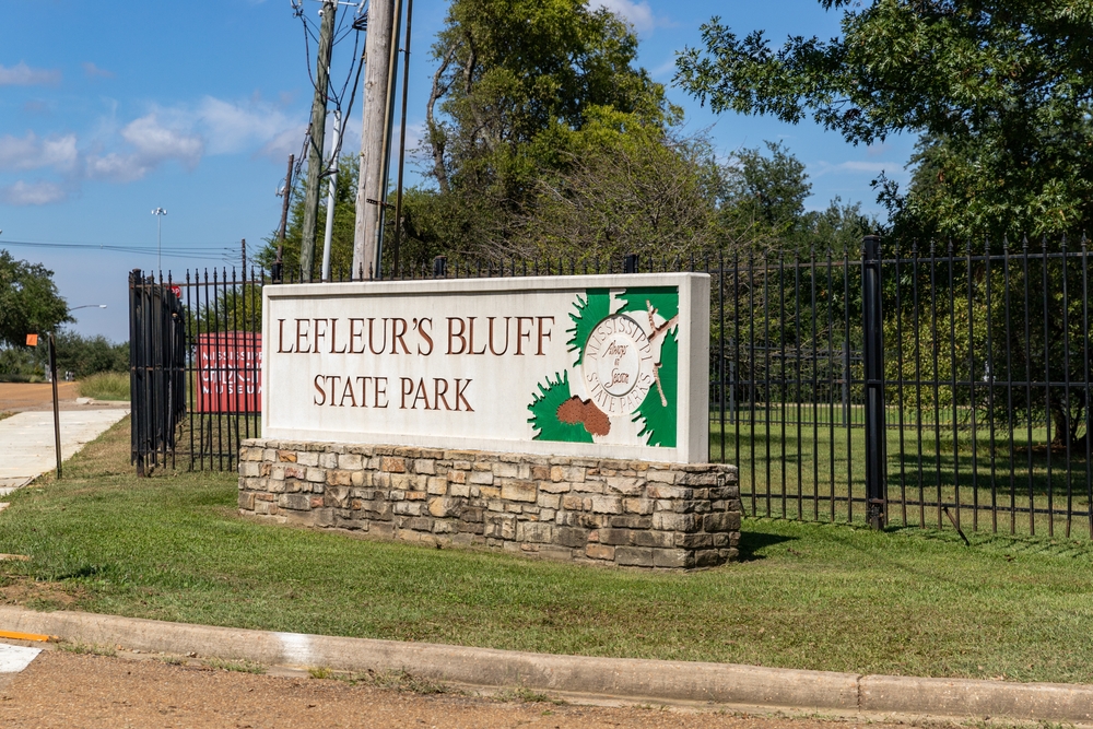 The entry sign for LeFleur's Bluff State Park, one of the most historic state parks in Mississippi