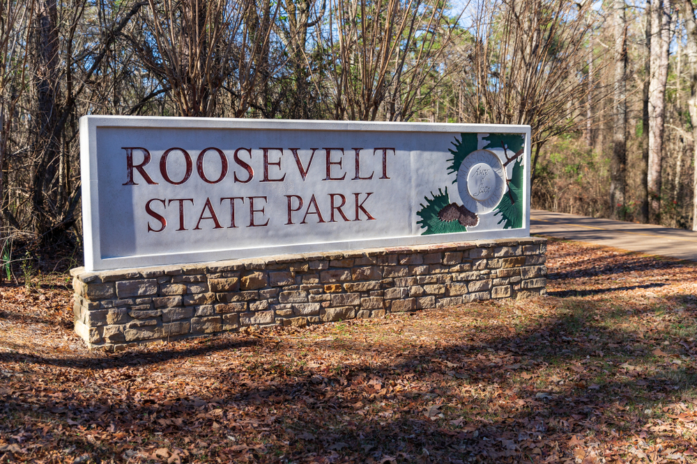 The entry sign for Roosevelt State Parks, one of the best state parks in Mississippi