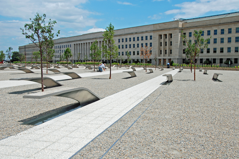 Blue skies and the benches of the Pentagon memorial for the 9/11 victims.