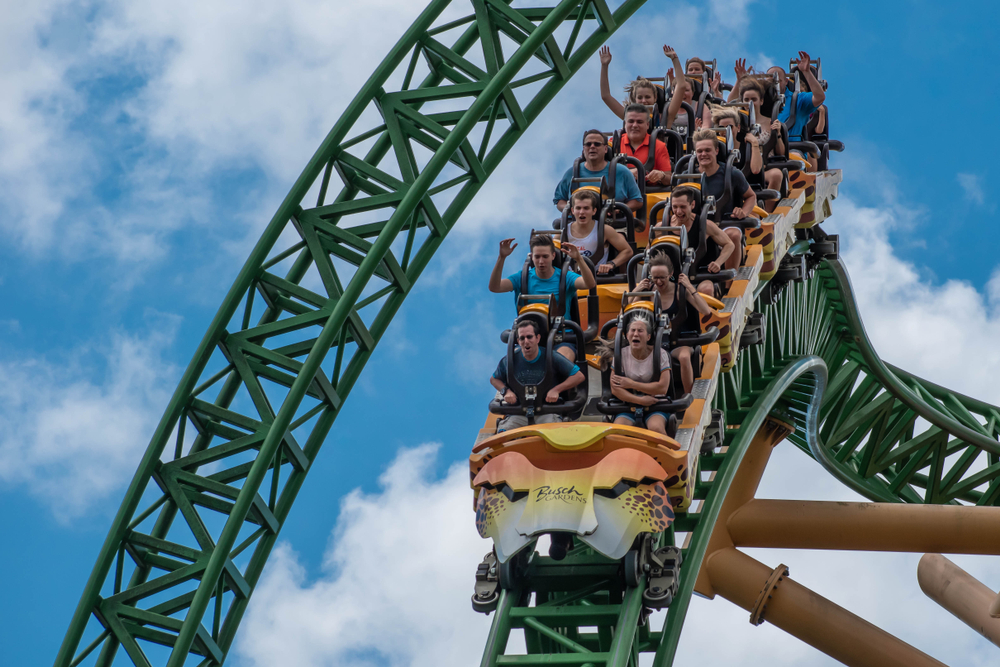 Riders on one of the roller coasters at Busch Gardens, one of the best amusement parks in the south! 