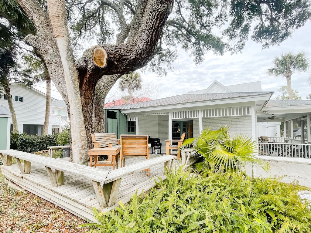 View of the spacious back porch of the VRBO cabin on Tybee Island in Georgia. 