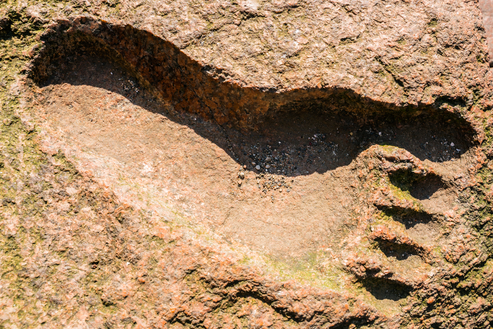 A large foot print cast into stone. 