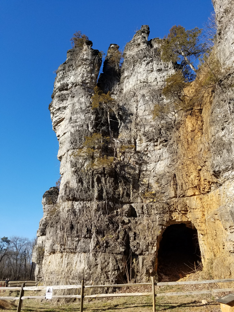 A side view of the natural chimneys, a natural rock formation in a park in Virginia. 