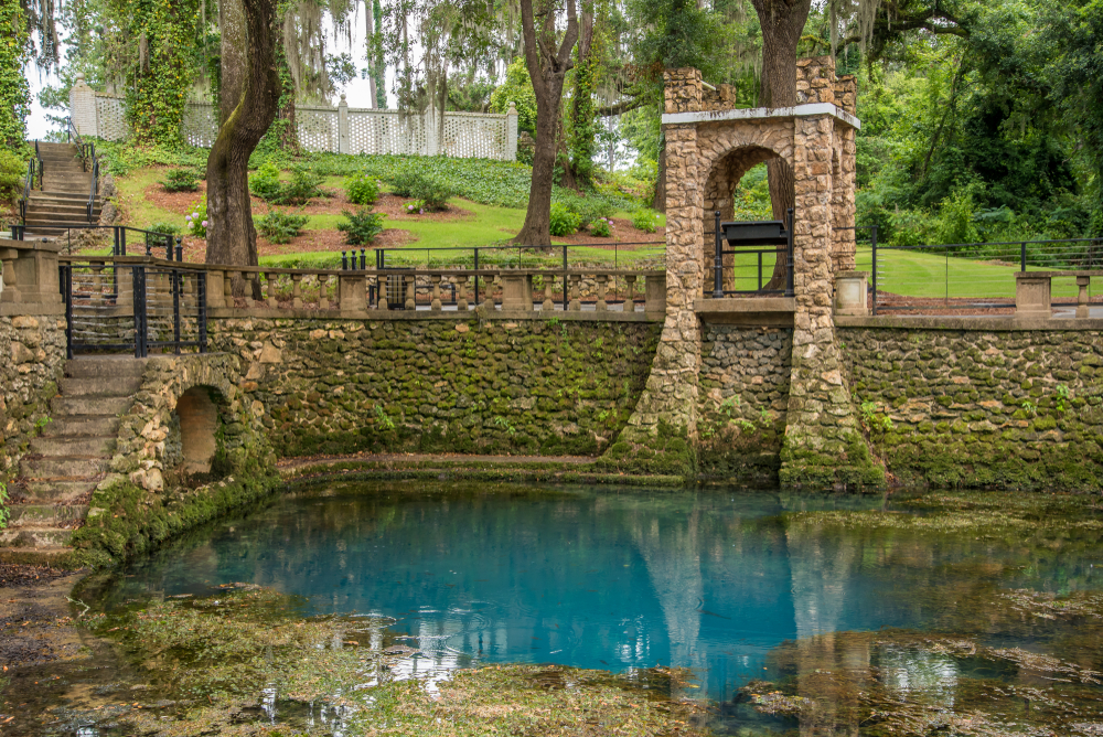 A crystal blue spring surrounded by a stone wall with steps leading to the spring. In the background you can see a lawn, trees, and a white structure. 