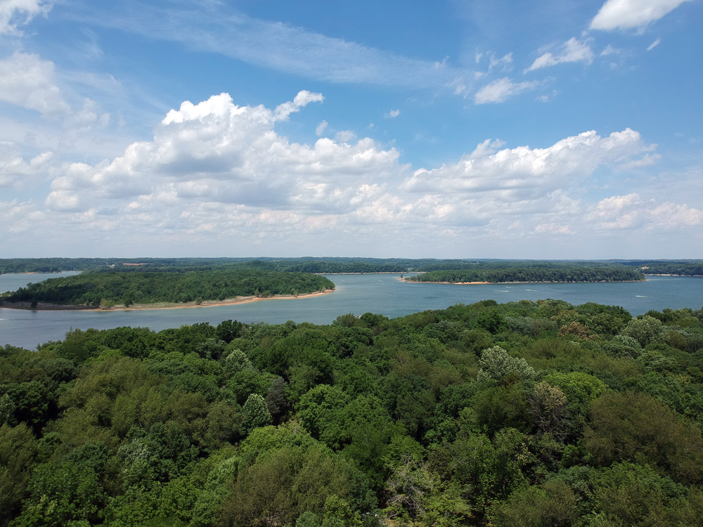 An overlook of barren lake. A winding lake with blue water. The foreground is a forest of trees. 