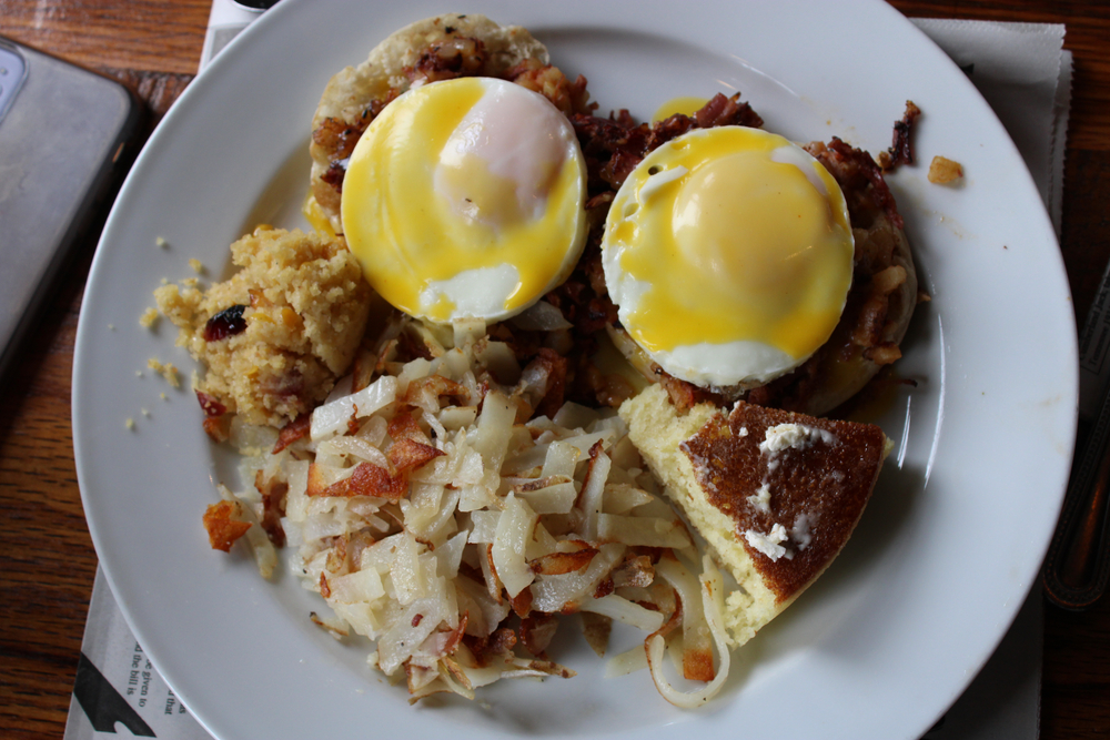 Country style Eggs Benedict with potato hash, like that served for breakfast in Charleston at Sunflower Cafe.