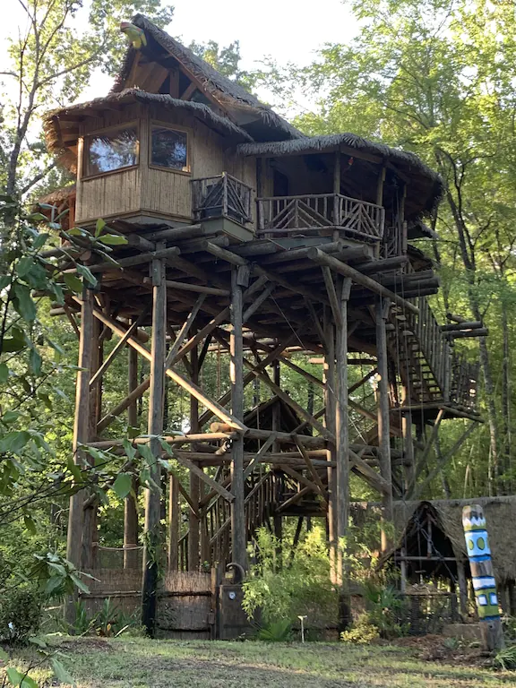 A tree house cabin in Arkansas sits high up on stilts surrounded by green forest. 