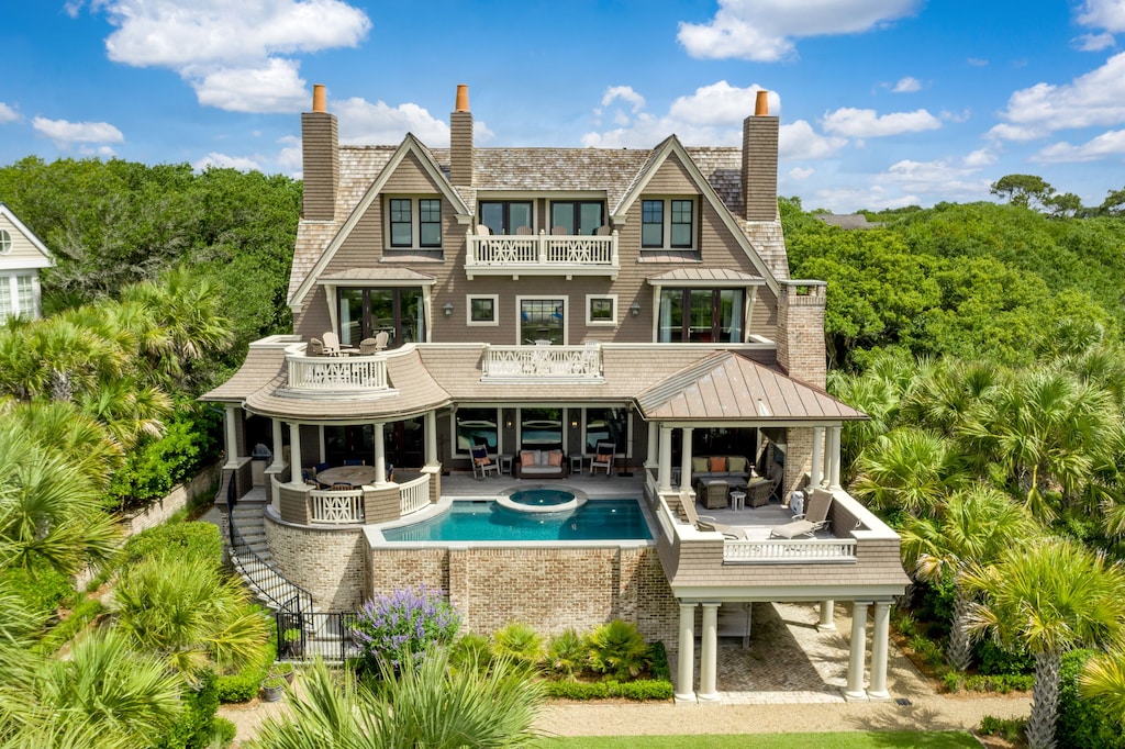 View of the back of the sprawling luxury home in South Carolina. 