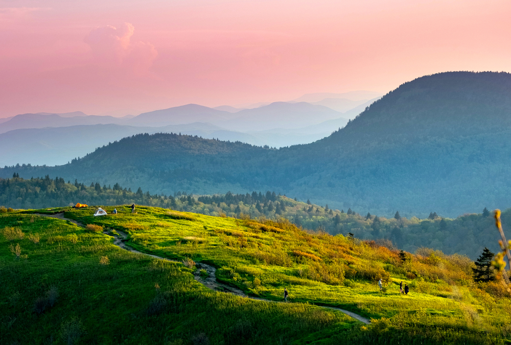 rolling hills of black balsam knob at sunset for camping near asheville