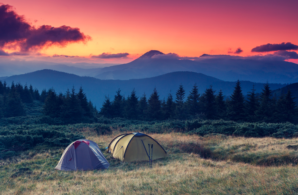 people camping in the blue ridge mountains near asheville at sunset