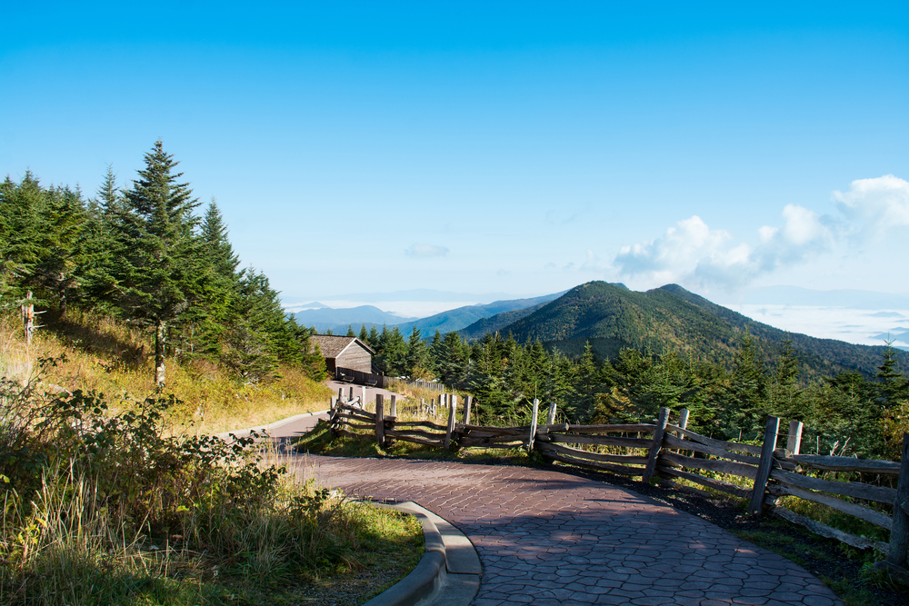 mount mitchell state park winding pathway with mountains in the distance