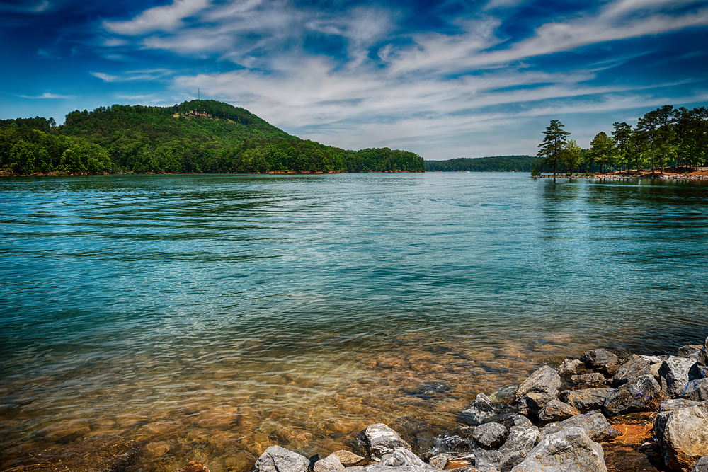 beautiful blue skies and green water of Lake Allatoona, one of the lakes in georgia