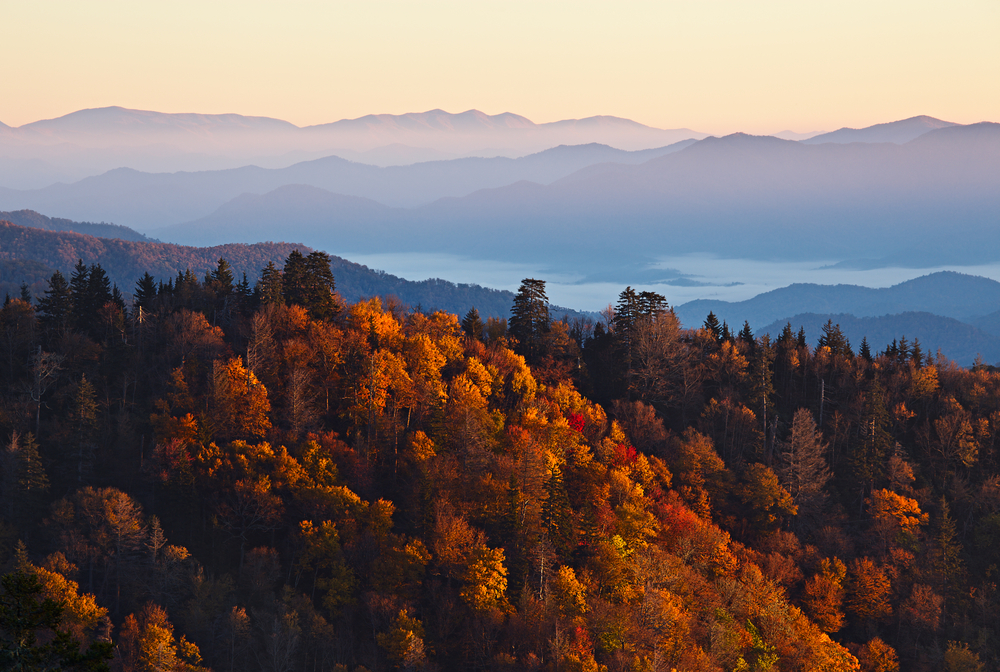 sunrise over the smoky mountains, a great landscape for glamping in tennessee.