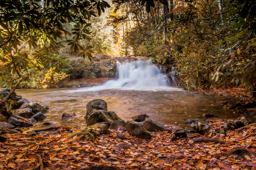 Small waterfall along wooded trail at Moccasin Creek State Park in Georgia.
