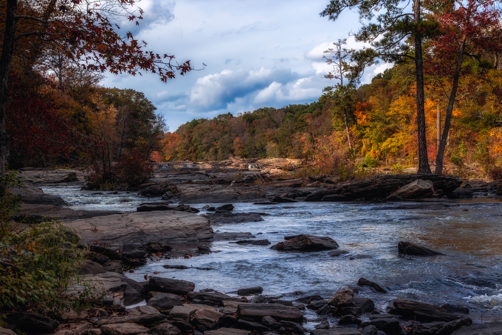 Water rapids over rocks with trees in Sweetwater Creek State Park in Georgia.