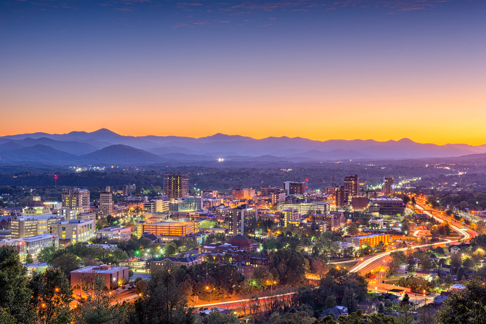 Downtown Asheville NC at sunset