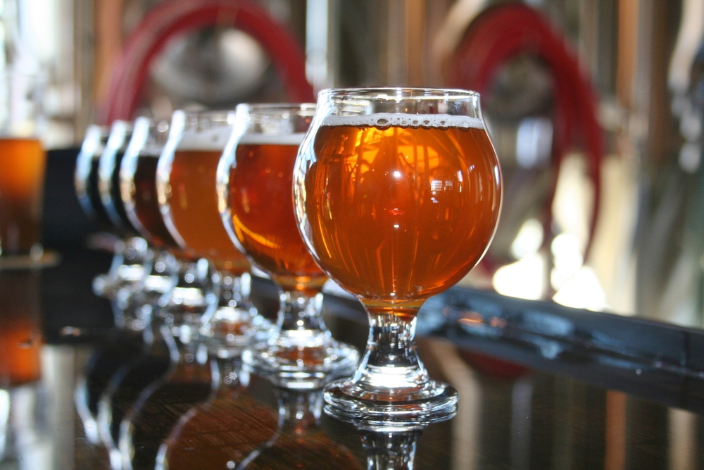 beer lined up on a bar for a beer tasting