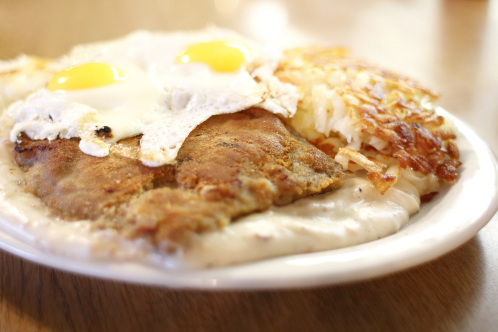 eggs, steak, hashbrowns, and gravy on plate