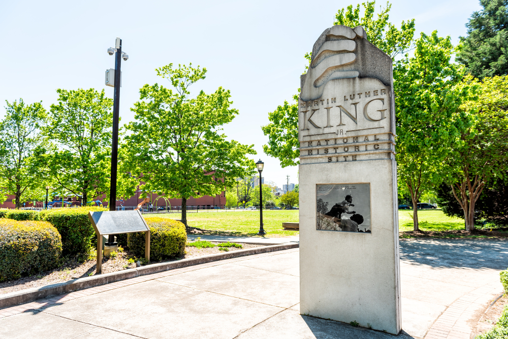 The MLK National Historic Site is marked by this stone monument and is one of the free things to do in Atlanta. 
