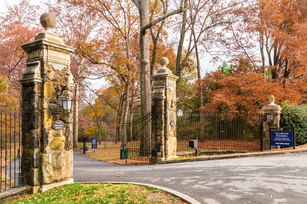 The entrance to Lullwater Park (which is one of the best free things to do in Atlanta) features stone pillars and stunning iron gates that lead you to the park itself by Emory University. 