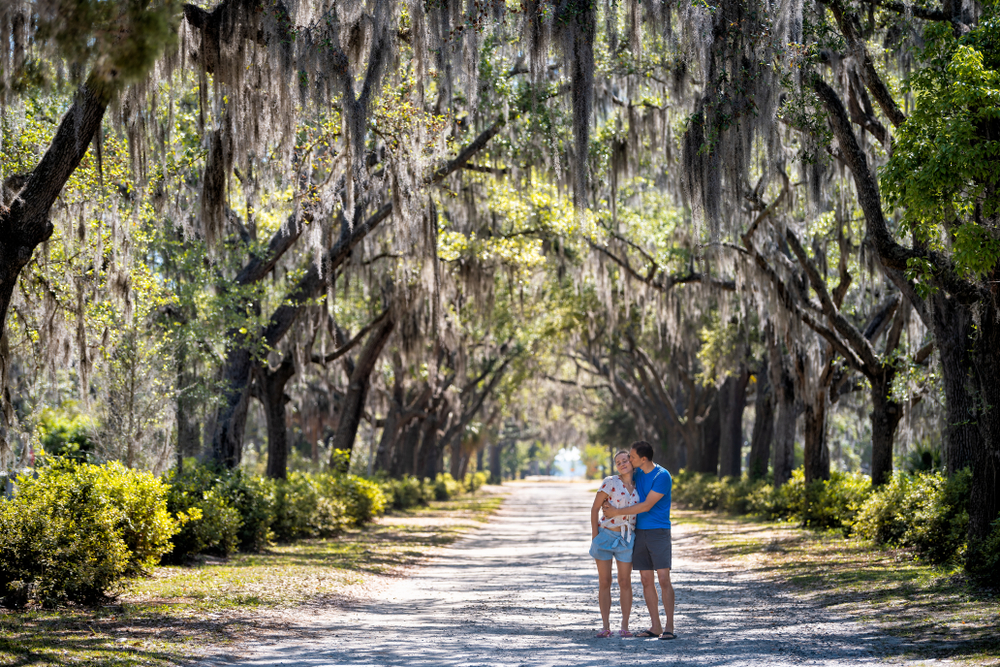 Photo of a tree lined street and a couple embracing in Savannah. 