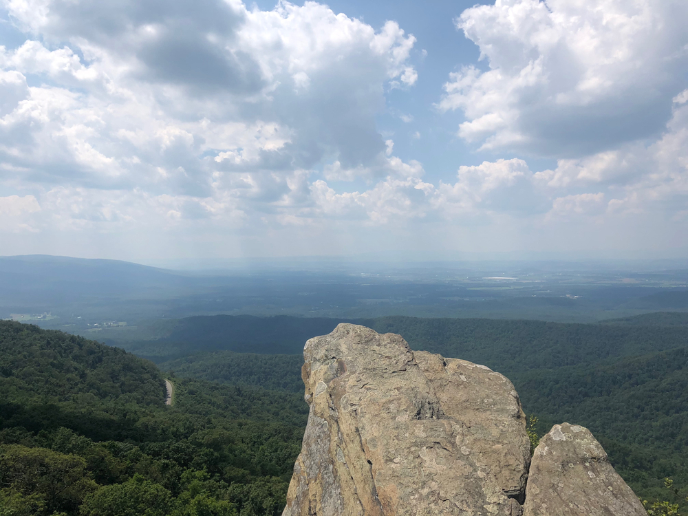 A rock outcrop overlooking a forest valley.