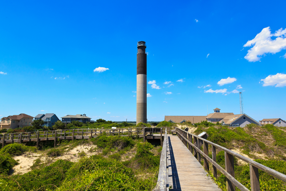  bright blue sky with a tall grey lighthouse with a wooden walkway on sand and green grass.   