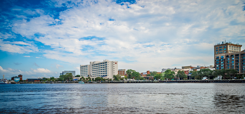 The skyline of Wilmington NC, from across the river with blue sky.