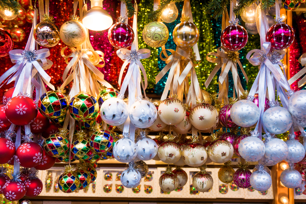 christmas ornaments hanging in store