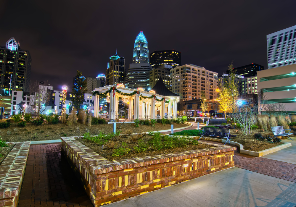 christmas garland and lights decorating a city in north carolina