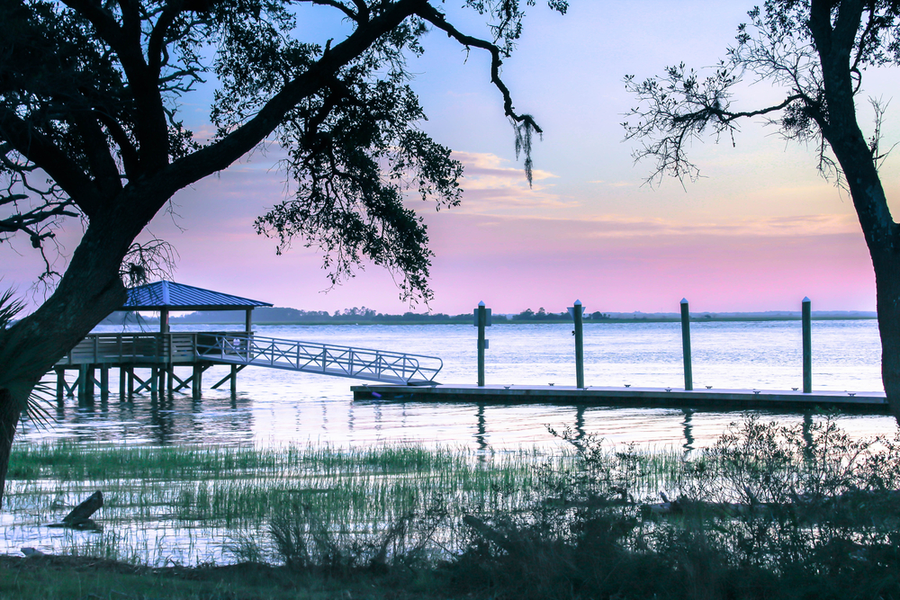 photo of a boating dock with a purple sky at sunset on Daufuskie Island 