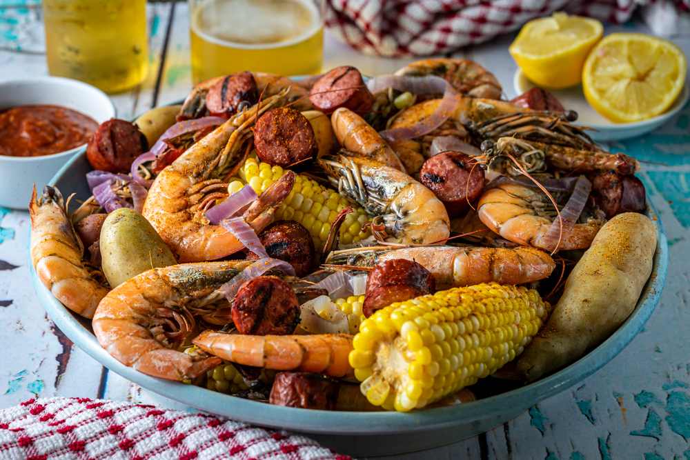a low country seafood boil with potatoes, sausage and corn