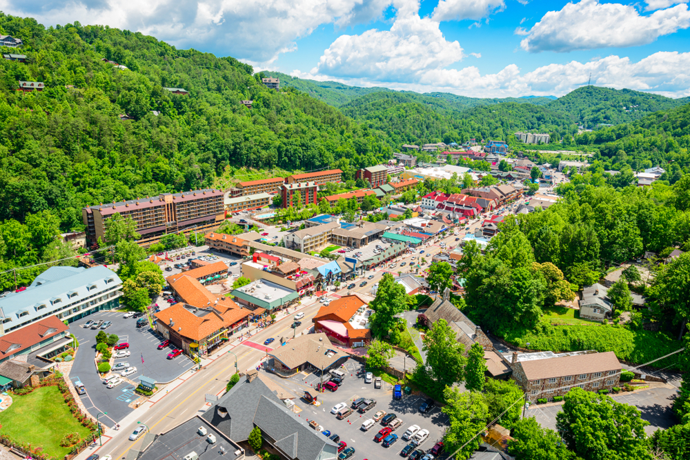 Aerial photo of downtown Gatlinburg, a great place for a romantic getaway in Tennessee